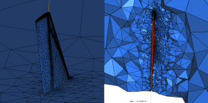 Figure 2: Final mesh of the M6 wing: surface of the wing (left) and cut through the volume mesh (right)