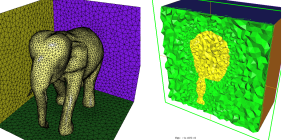 Final cube mesh: Implicit surface mesh (left) and cut through the volume cube mesh (right)